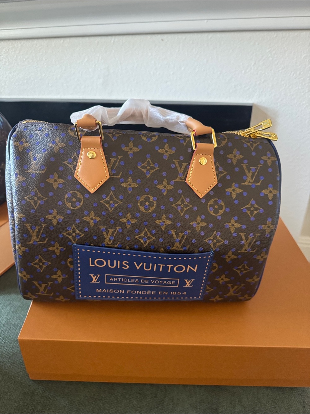 Brown Monogram Canvas Mini Speedy with Blue Patch 30